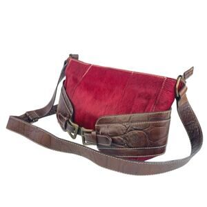 Guia's Women's Red Brown Italian Leather Calf Hair Adjustable Strap Shoulder Bag
